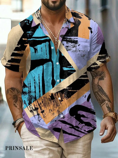 Retro Fashion Geometric Graffiti Art Print Casual Shirt As Picture / S