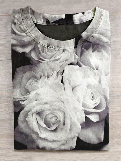 Unisex Black and White Rose Art Print Round Neck Short Sleeve T-Shirt