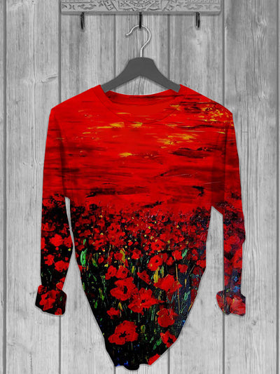 Unisex Oil Painting Poppy Flower Abstract Print Design Long Sleeve T-Shirt