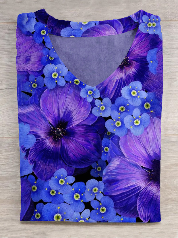 Unisex Oil Painting Floral Print V-Neck T-Shirt