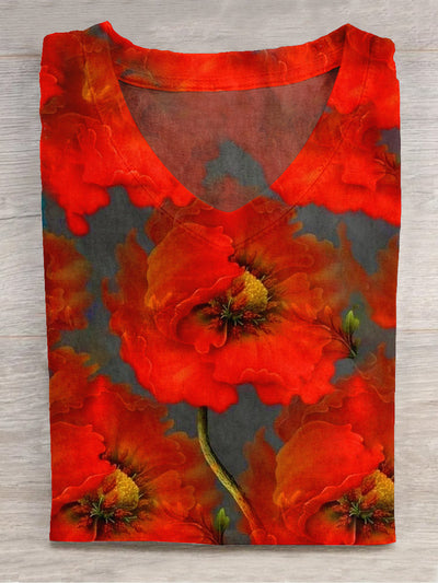 Unisex Oil Painting Floral Print V-Neck T-Shirt