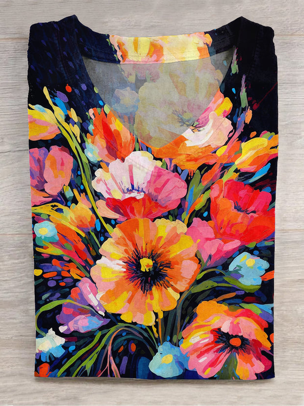 Unisex Oil Painting Floral Art Print V-Neck T-Shirt