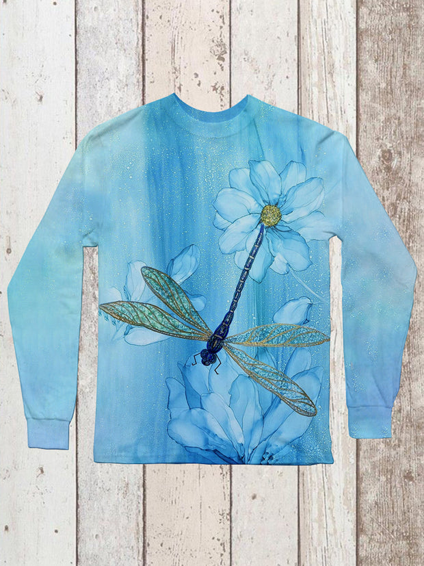 Unisex Dragonfly Floral Art Print Crew Neck Casual Long Sleeve T-Shirt