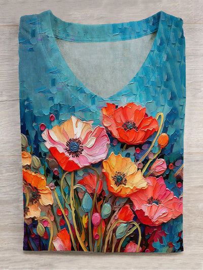 Unisex Abstract Oil Painting Floral Art Print V-Neck Short Sleeve T-Shirt