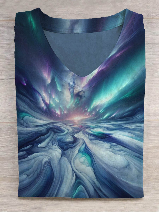Unisex Colorful Aurora V-Neck Print Design T-Shirt