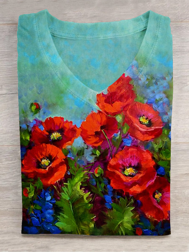 Unisex Oil Painting Floral Art Print V-Neck Short Sleeve T-Shirt