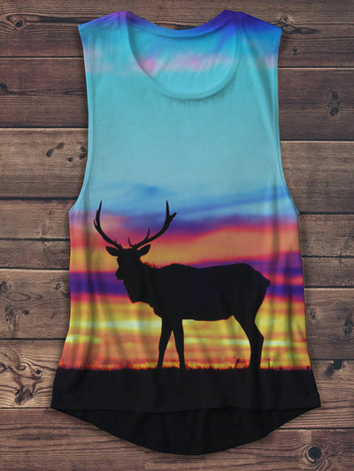 Unisex Sunset Deer Shadow Art Print Casual Tank Top