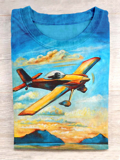 Unisex Oil Painting Airplane Casual Printed Design T-shirt