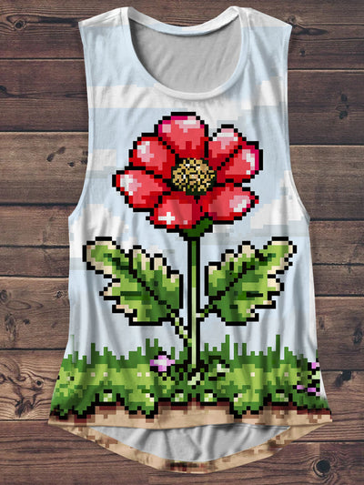 Unisex A Pixel Flower Print Casual Tank Top