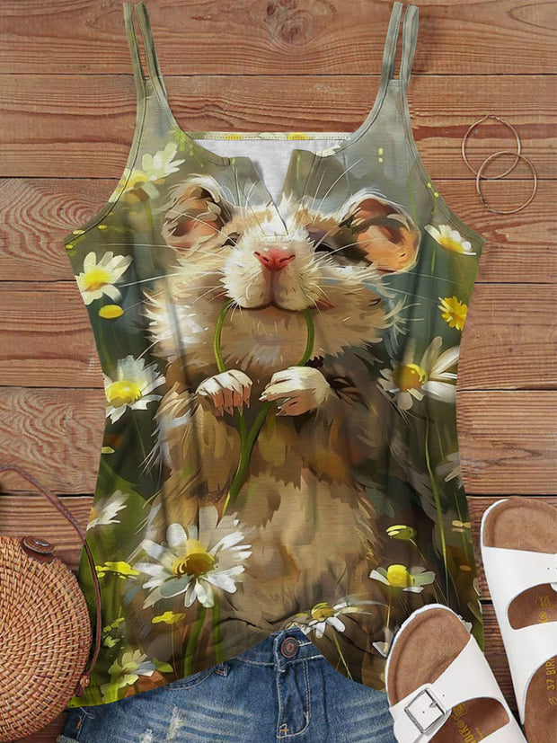 Cute Hamster Print Hollow Out Notched Collar Camisole