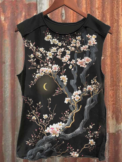 Cherry Blossom Tree Printed Crew Neck Tank Top