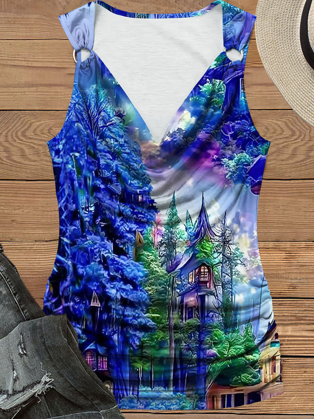 Women's Magic Forest Print Design Pile Neck Tank Top