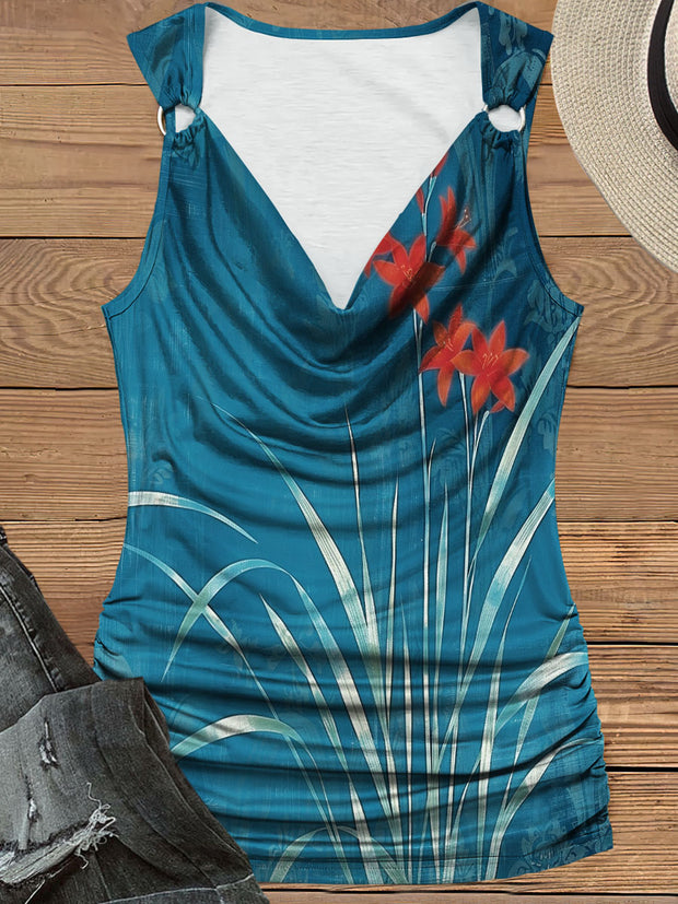 Women's Vintage Poppy Print Design Pile Neck Tank Top