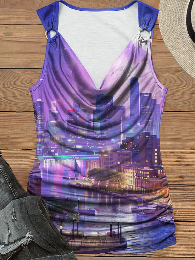 Women's Riverside Scenery Print Design Pile Neck Tank Top