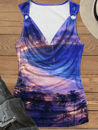 Women's Tropical Beach Print Design Pile Neck Tank Top