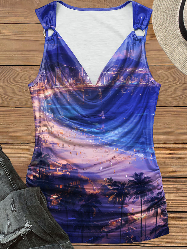 Women's Tropical Beach Print Design Pile Neck Tank Top