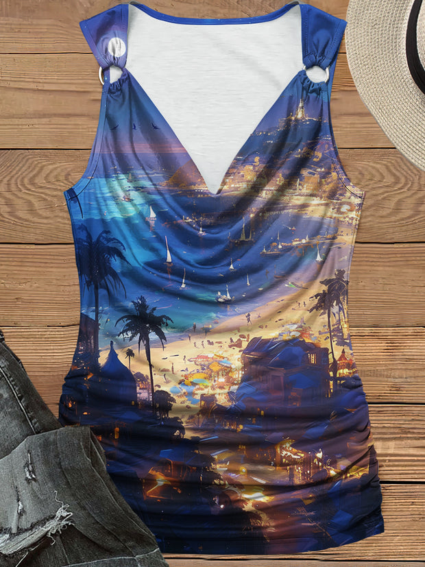 Women's City Beach Print Design Pile Neck Tank Top