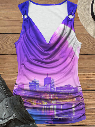 Women's City View Print Design Pile Neck Tank Top