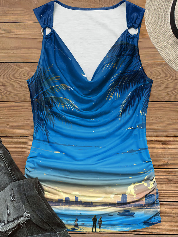 Women's Beach Scenery Print Design Pile Neck Tank Top