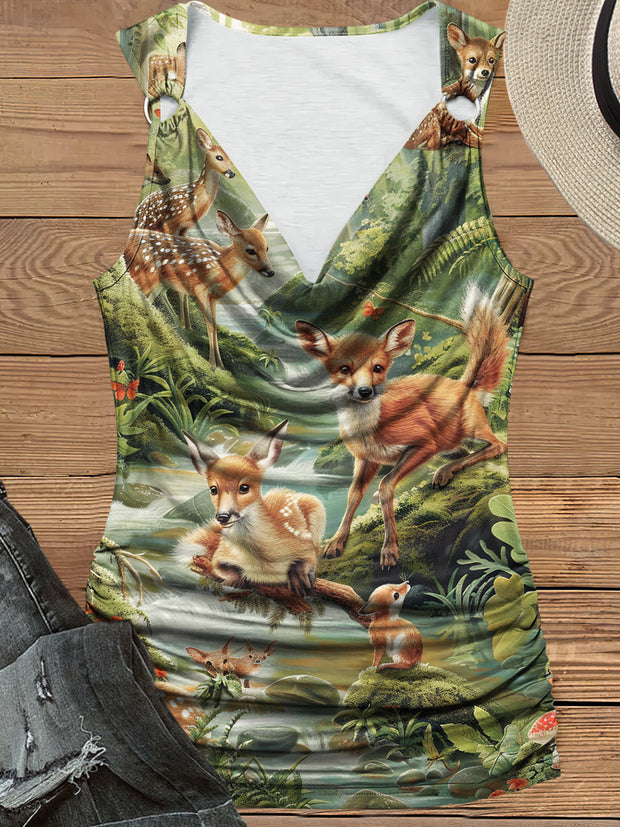 Women's Forest Deer Print Design Pile Neck Tank Top