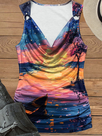 Women's Landscape Print Design Pile Neck Tank Top