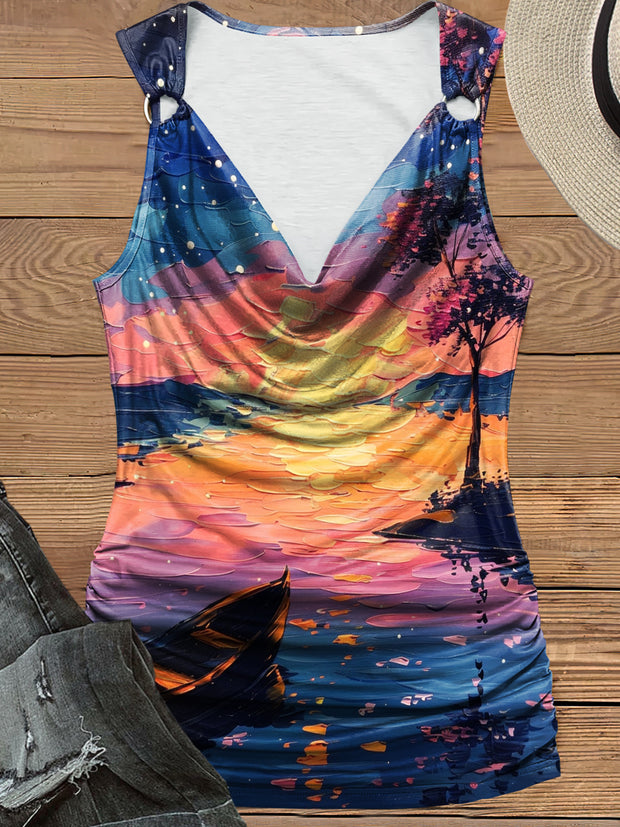 Women's Landscape Print Design Pile Neck Tank Top