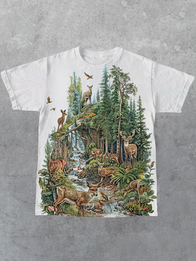 Forest Deer Print Crew Neck Casual Cotton T-Shirt