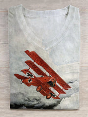 Unisex Retro Propeller Cross Red Airplane Art Print Short Sleeve Casual T-Shirt