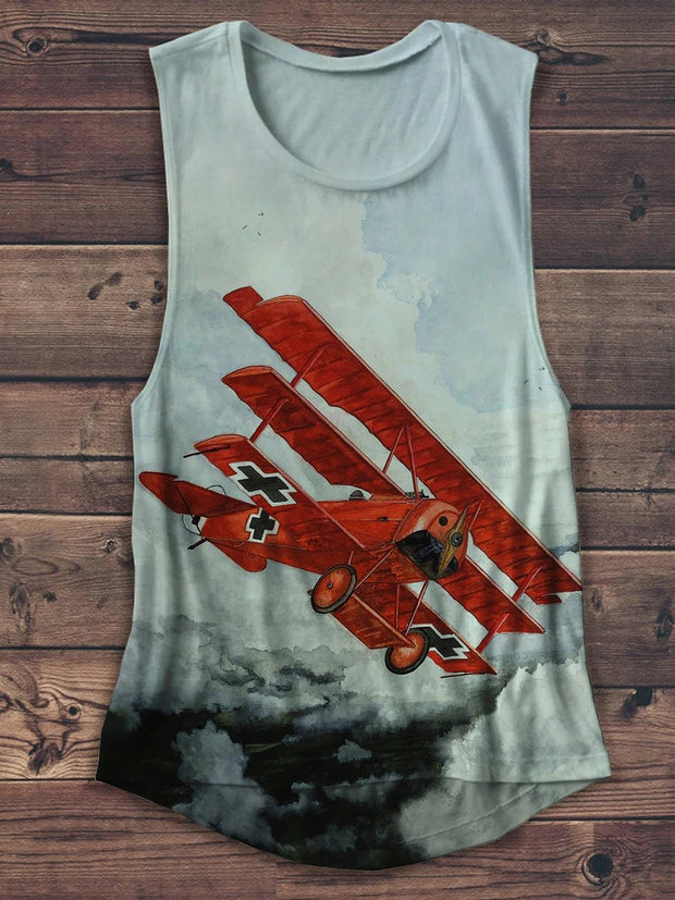 Unisex Retro Propeller Cross Red Airplane Art Print Casual Tank Top