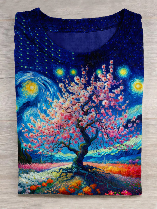 Unisex Cherry Blossom Tree Landscape Oil Painting Art Print Short Sleeve Casual T-shirt