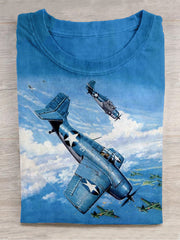 Unisex Retro Propeller Blue Airplane Art Print Short Sleeve Casual T-Shirt