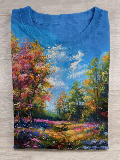Unisex Flower Sea Forest Oil Painting Landscape Art Print Short Sleeve Casual T-shirt