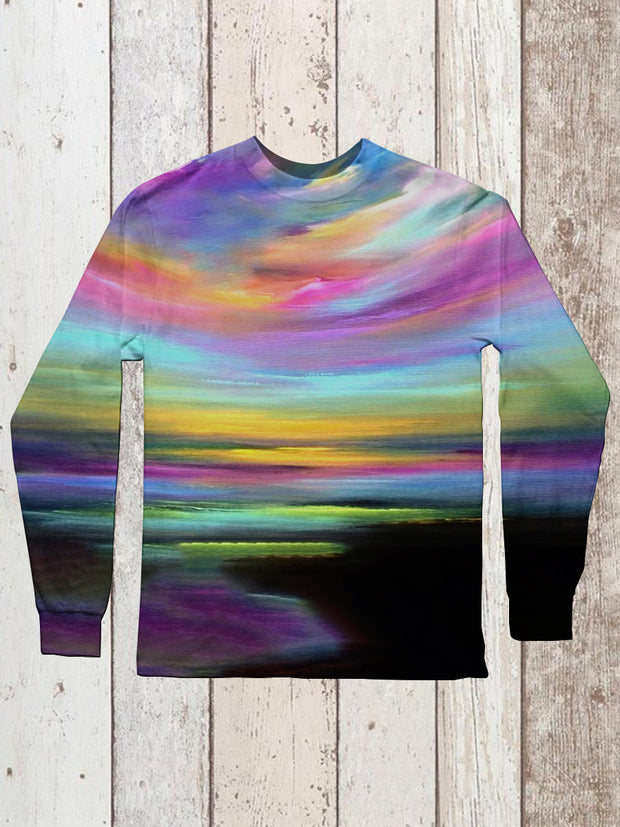 Unisex Colorful Beach Scenery Art Print Long Sleeve Casual T-Shirt