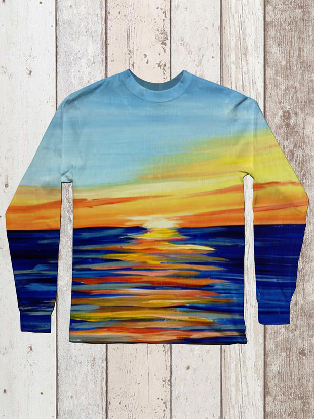 Unisex Ocean Scenery Oil Painting Art Print Long Sleeve Casual T-Shirt