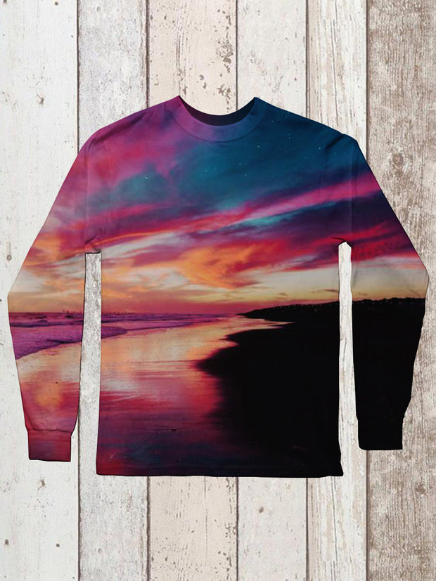 Unisex Colorful Beach Scenery Art Print Long Sleeve Casual T-Shirt