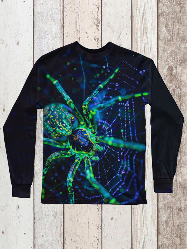 Green Spider Art Print Unisex Round Neck Long Sleeve Casual T-Shirt