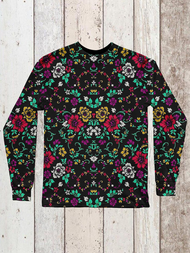 Floral Art Print Unisex Crew Neck Long Sleeve Casual T-Shirt