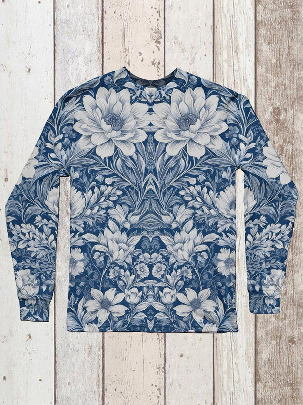 Floral Art Print Unisex Crew Neck Long Sleeve Casual T-Shirt