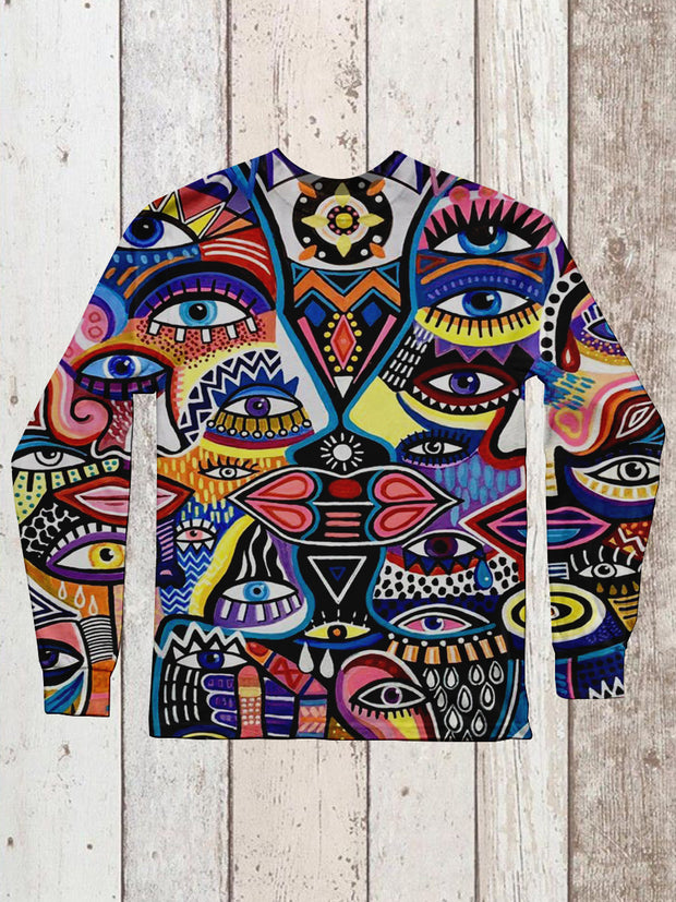 Retro Face Art Print Unisex Casual Long Sleeve T-Shirt