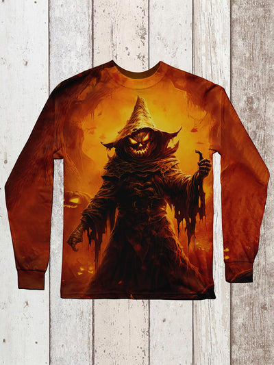 Pumpkin Wizard Halloween Art Print Unisex Casual Long Sleeve T-Shirt