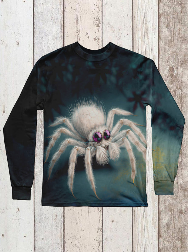 Scary White Spider Wizard Halloween Art Print Unisex Casual Long Sleeve T-Shirt