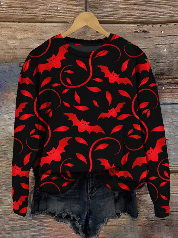 Red Bat Halloween Series Art Print Unisex Crew Neck Long Sleeve Casual Sweatshirt