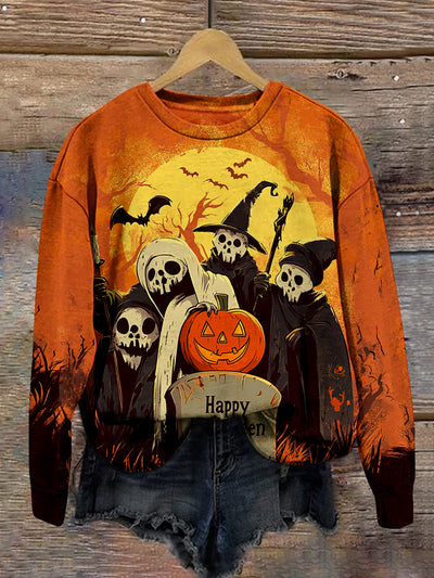 Pumpkin Lantern Skeleton Wizard Halloween Series Art Print Unisex Round Neck Long Sleeve Casual Sweatshirt