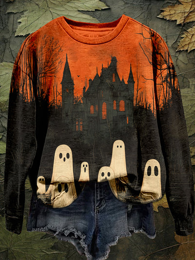 Ghost Castle Halloween Art Print Unisex Crew Neck Long Sleeve Casual Sweatshirt