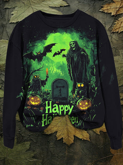 Happy Halloween Art Print Unisex Crew Neck Long Sleeve Casual Sweatshirt