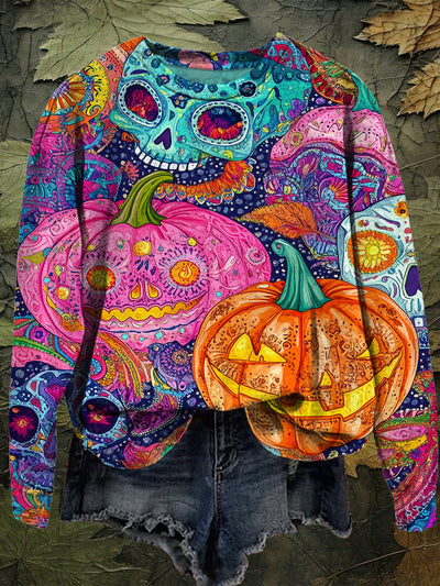 Colorful Pumpkin Lantern Halloween Art Print Unisex Crew Neck Long Sleeve Sweatshirt