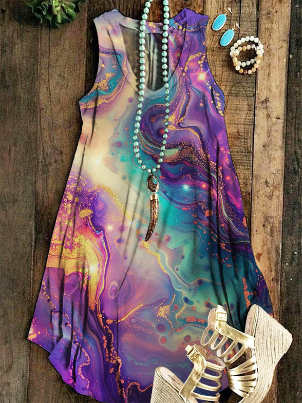 Women's V-Neck Marble Quicksand Gradient Print Vest Dress