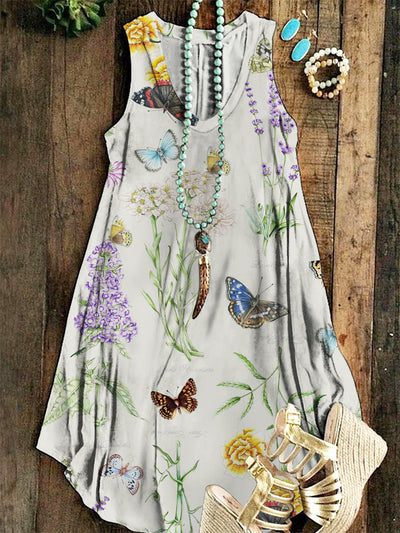 Women's V-Neck Butterfly Green Plant Print Vest Dress