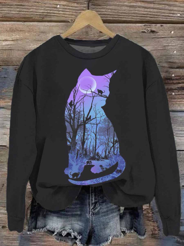 Unisex Abstract Cat Shadow Print Casual Sweatshirt