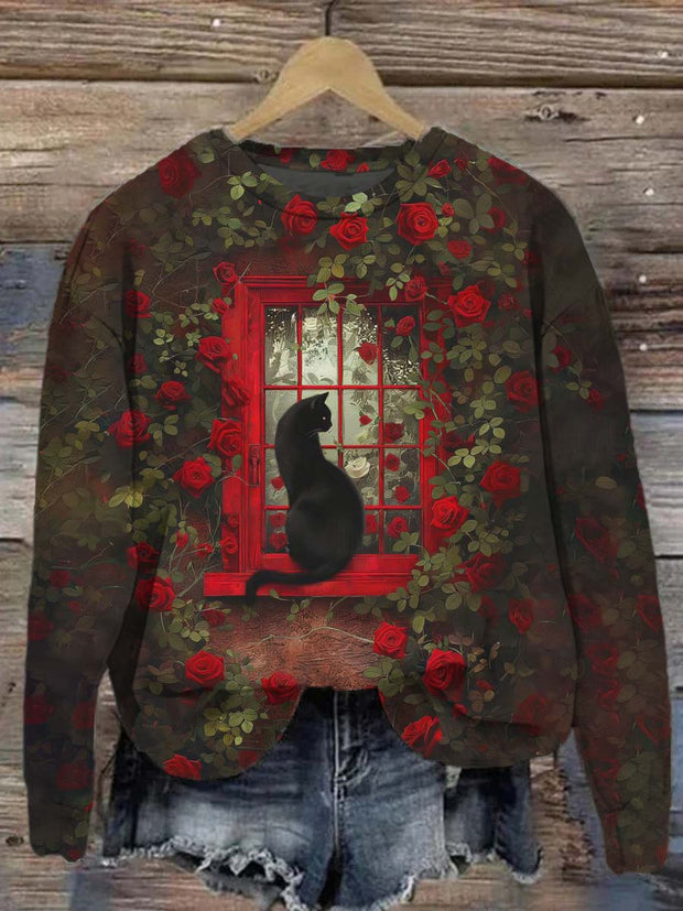 Unisex Rose Window Cat Print Casual Sweatshirt